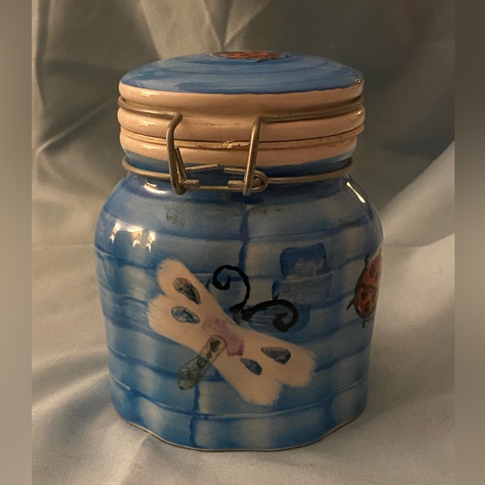 Vintage GMT 2001 Handpainted Blue Canister Jar 4.5”H Blue Butterfly Bee Ladybug